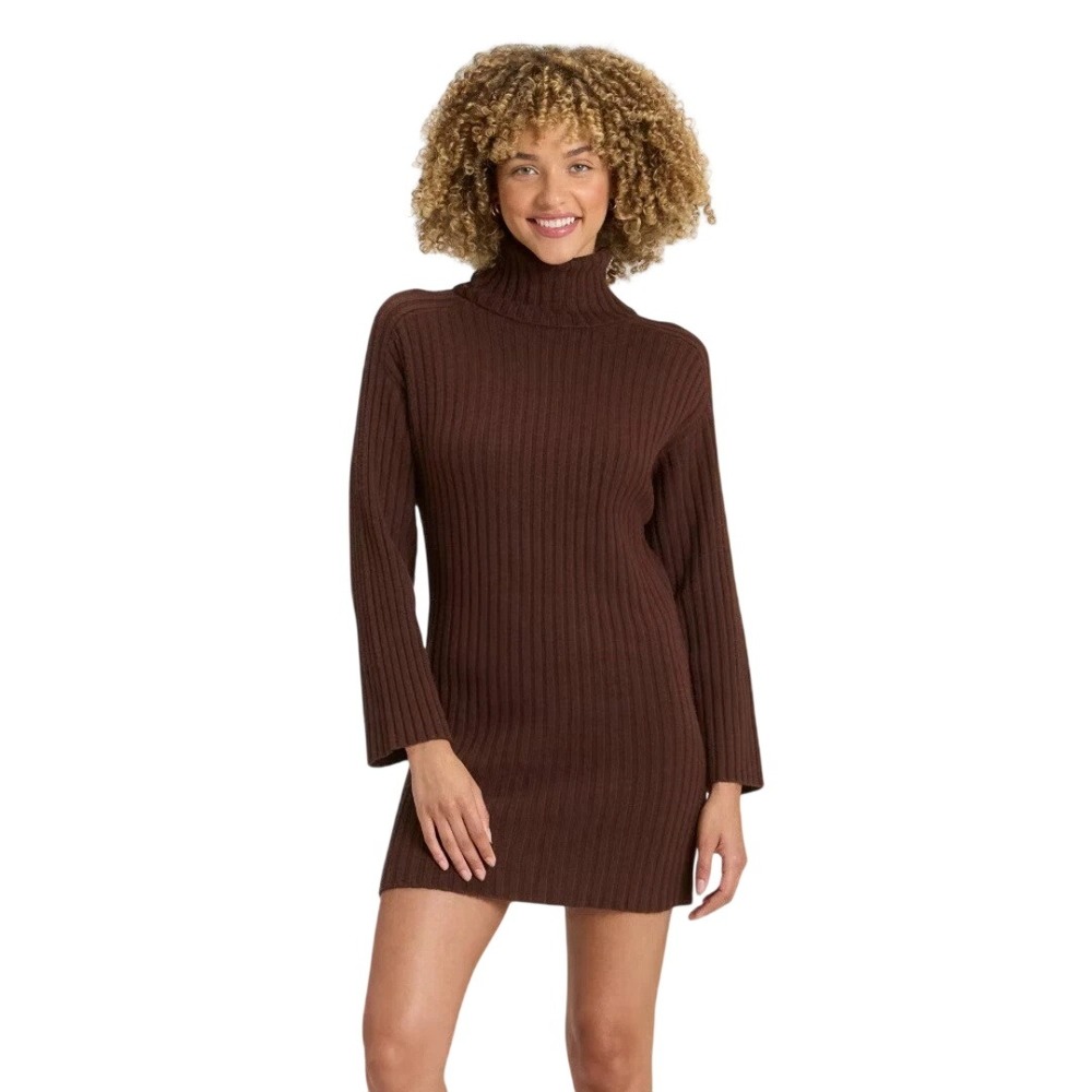 A New Day Women's Brown Ribbed Knit Turtleneck Sweater Dress Size Small